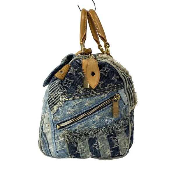 Auth LOUIS VUITTON Speedy 30 Blue Monogram Denim Patchwork Handbag - Picture 4 of 14